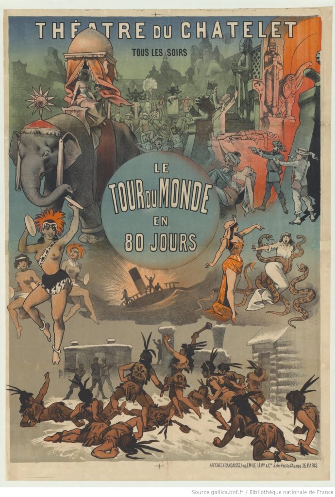 Affiche d'une adaptation au théâtre du livre Le tour du monde en 80 jours, 1886 